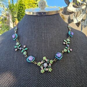 Vintage Michal Negrin Floral And Star Enamel and Rhinestone Necklace
